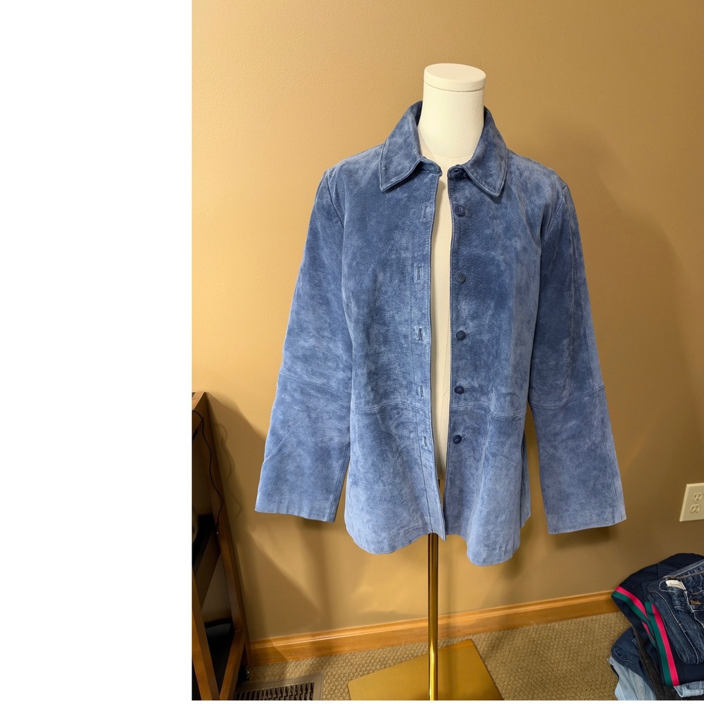Massini Women's Large Blue Suede Leather Jacket Button Front Lined Minimalist